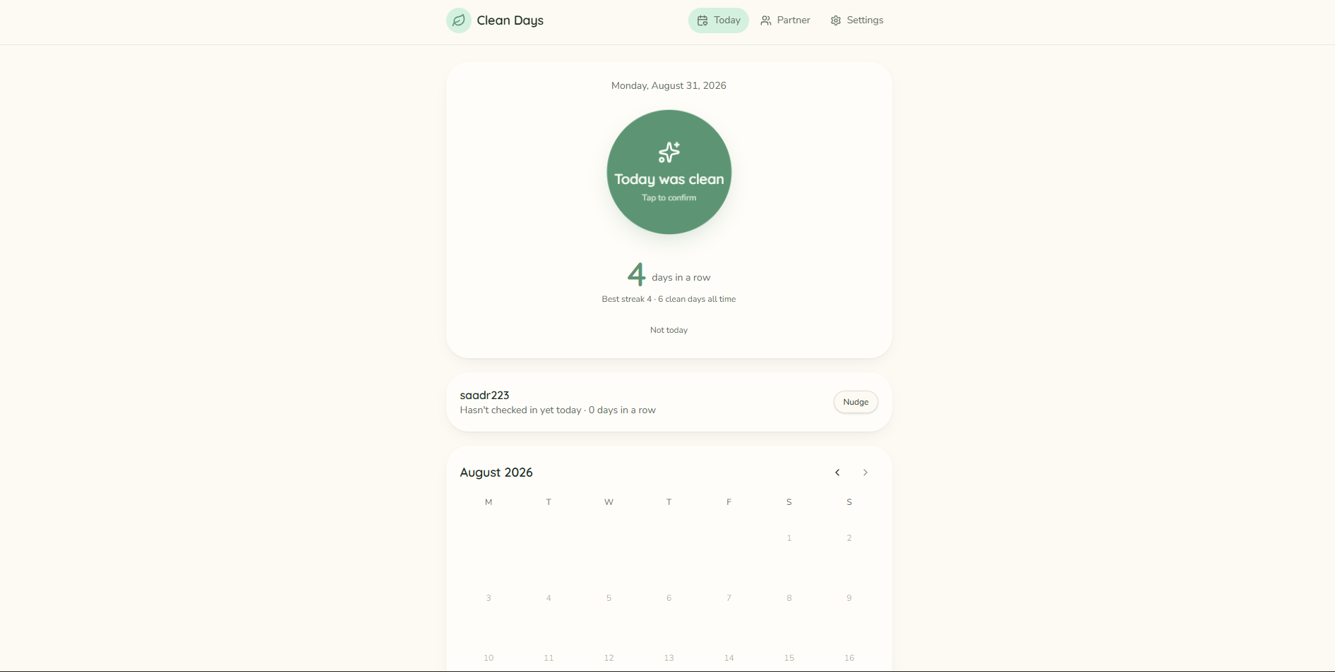 Today — one tap, the streak, and your partner's day