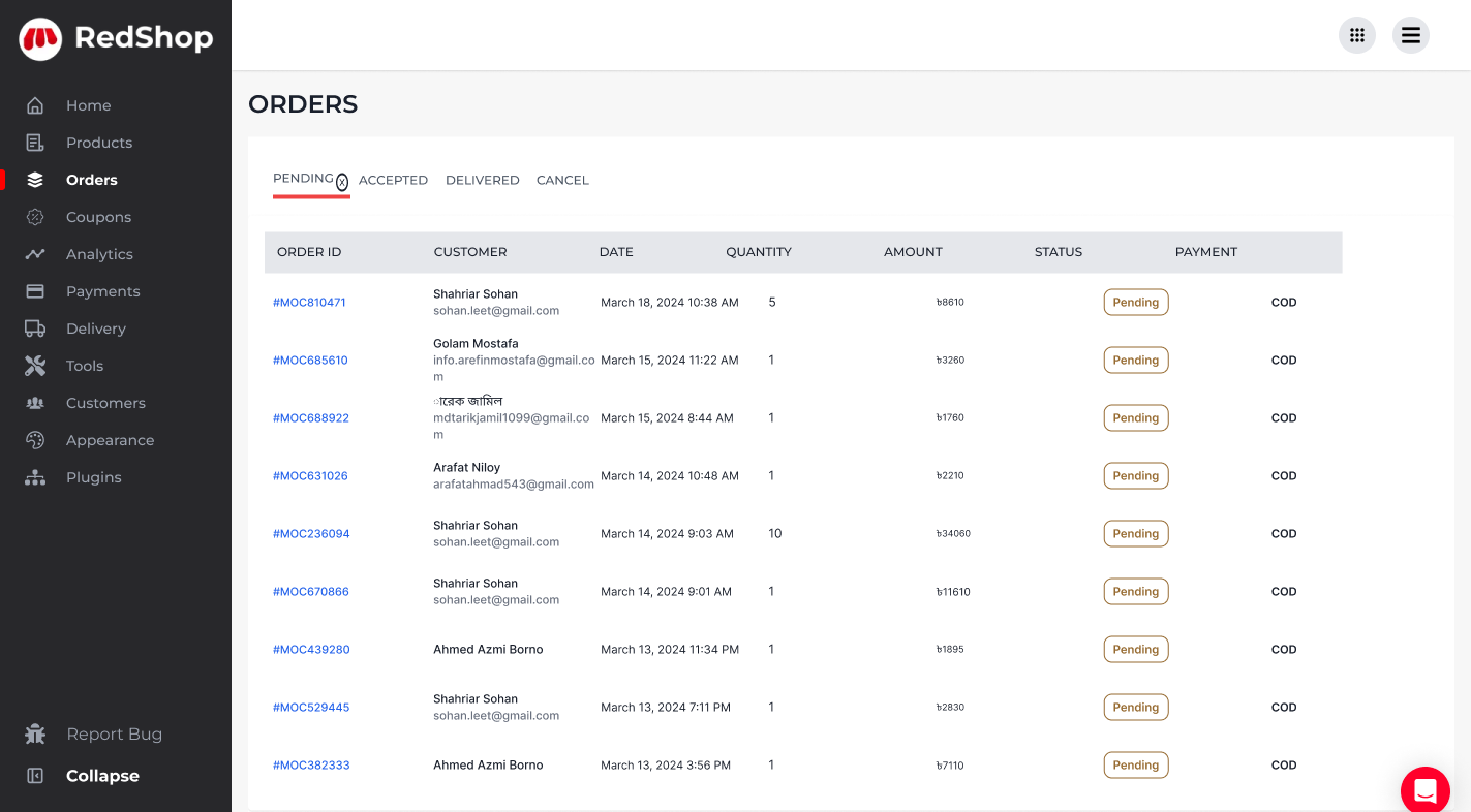 Orders view in Redshop