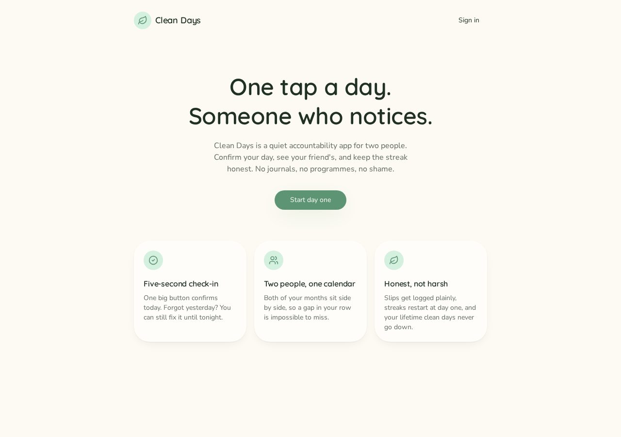 The landing — one tap a day, someone who notices