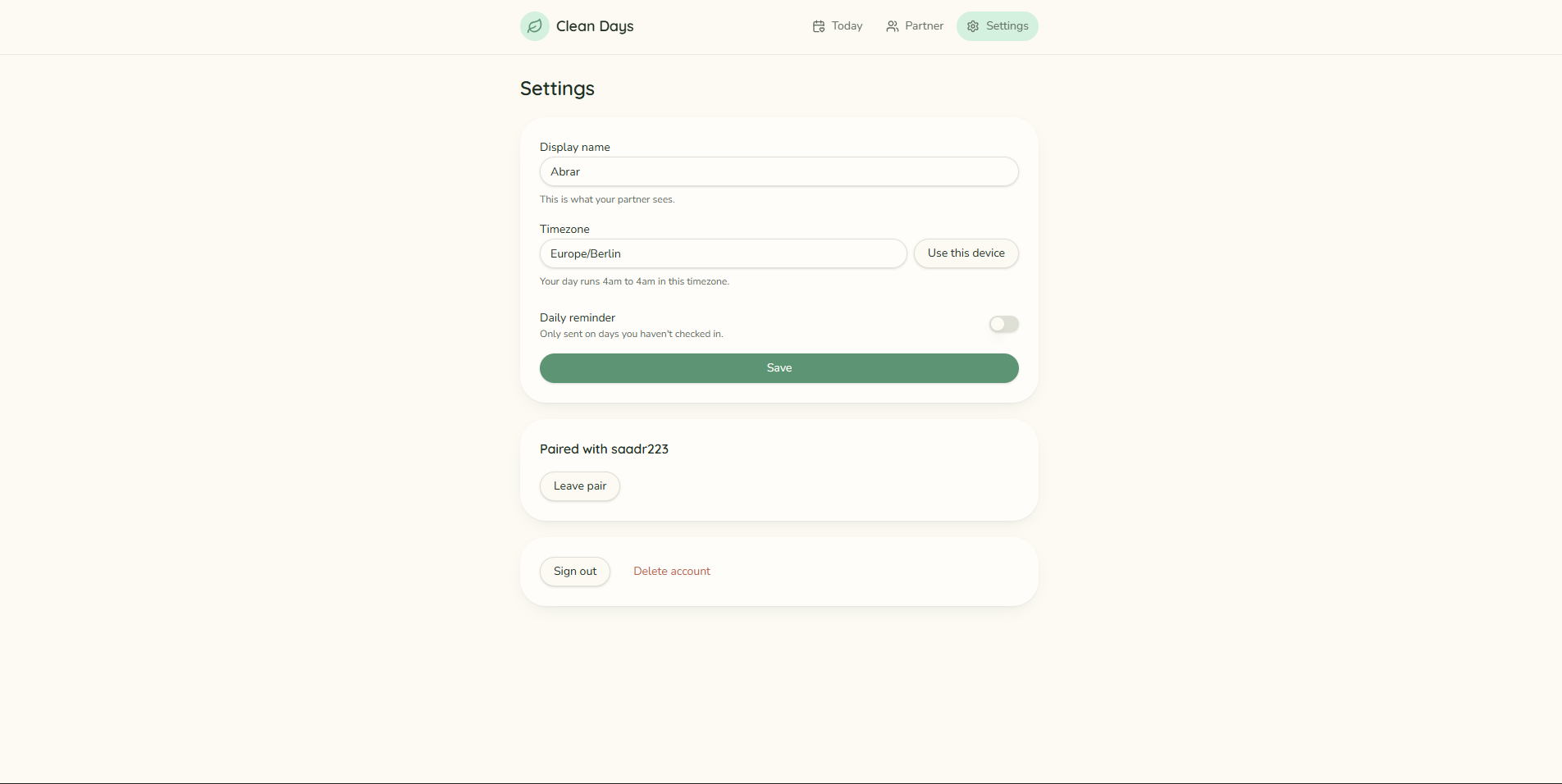 Settings — timezone, day rollover, reminders