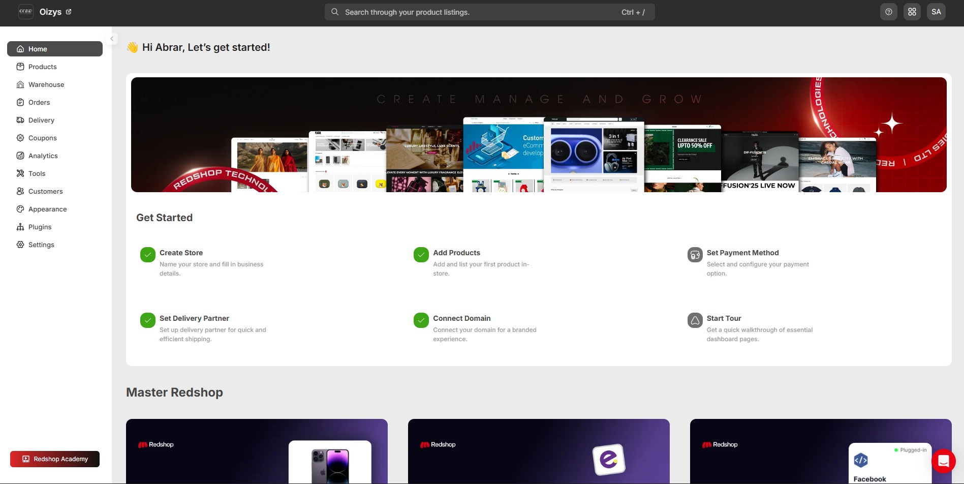 Redshop dashboard home, later version