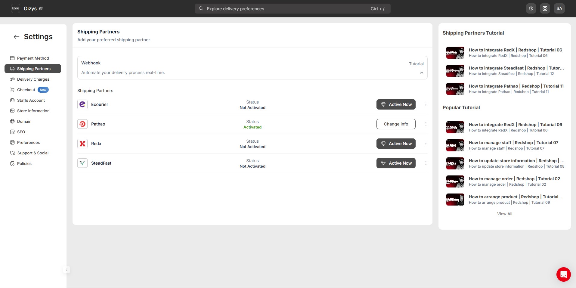 Shipping partners settings in Redshop