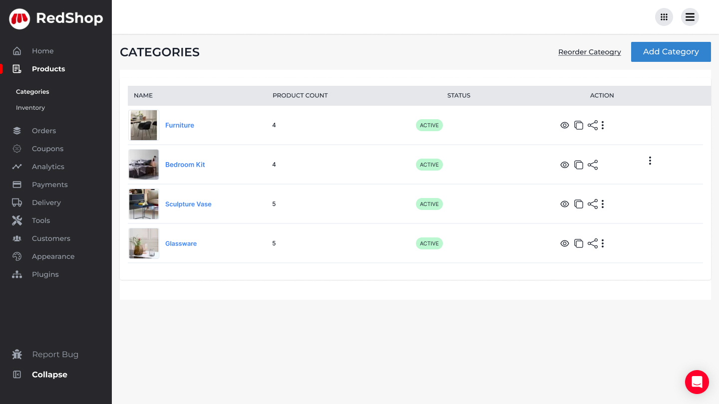 Categories view in Redshop